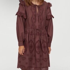 H&M Boho Romantic Eyelet Embroidered Peasant Dress Brown Puff Sleeve Cotton Sz 6